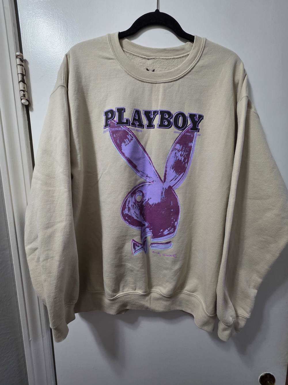 Playboy Men's Cream Crewneck Sweatshirt with Purple Bunny Logo